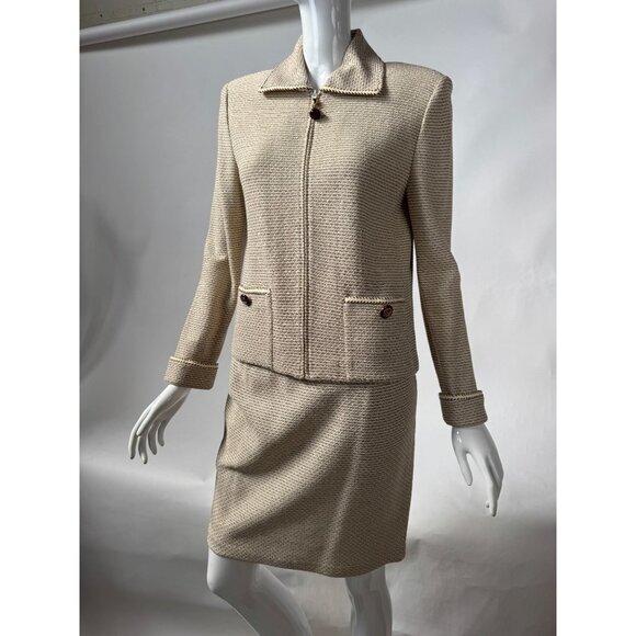 St. John Collection By Marie Gold Beige Textured Knit Skirt Suit Set Size 4 With - Picture 1 of 16